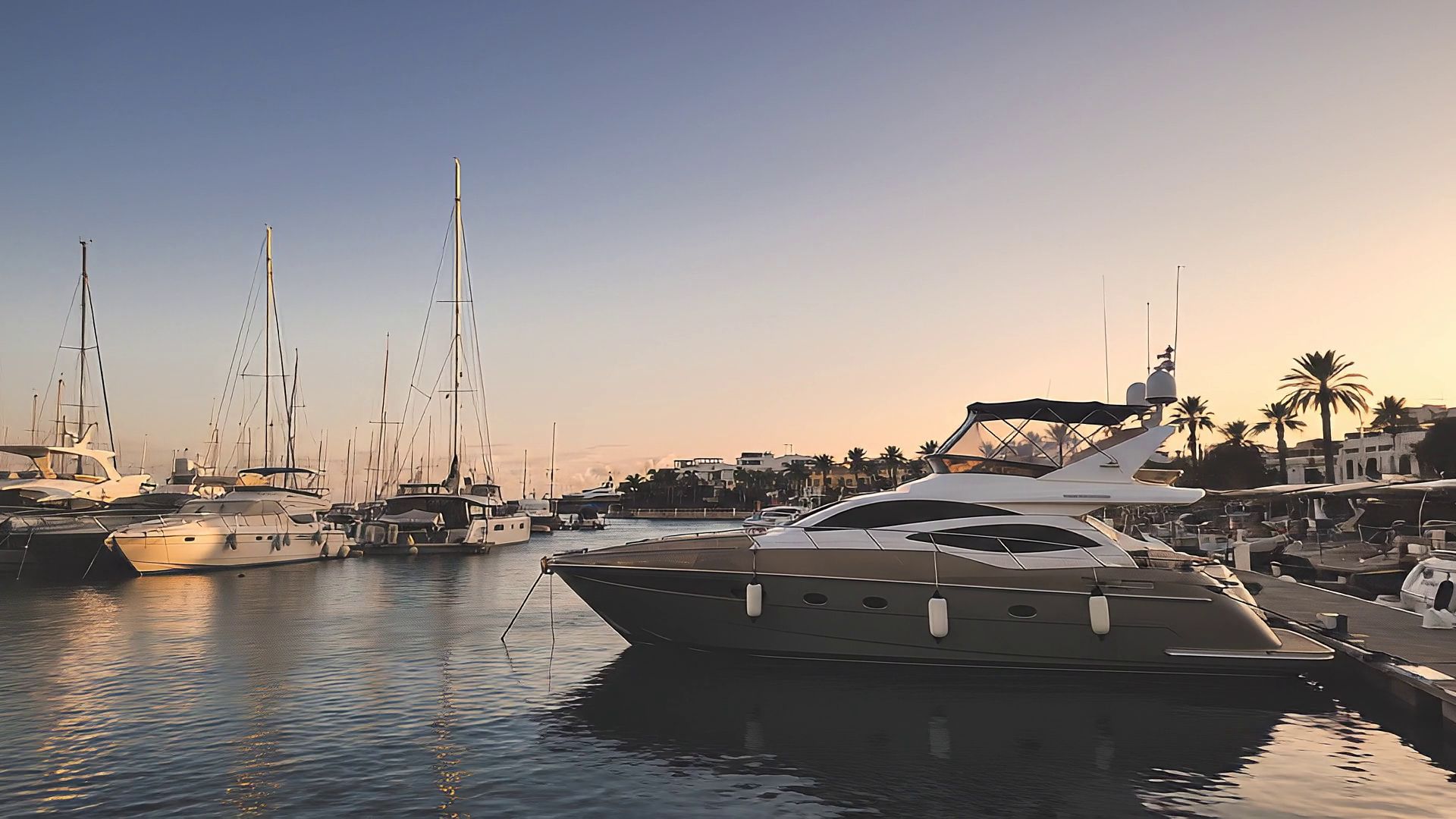 Yachts moored in a Cyprus marina at sunset